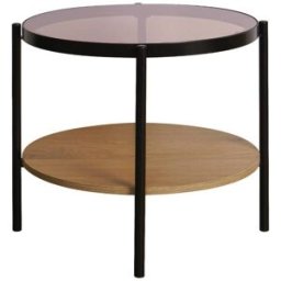 sweeek Mesa auxiliar redonda de cristal templado efecto madera y metal negro,