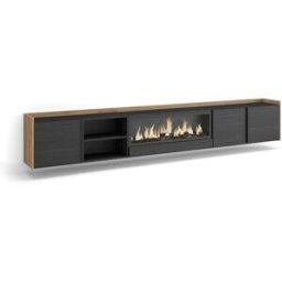 Skraut home Mueble tv efecto madera negro roble 315x35x50cm chimenea efecto fuego