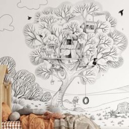 Acte Deco Papel pintado panorámico casita en los árboles, negro 300 x