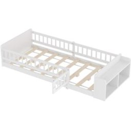 MODFU Cama infantil de pino blanco 90x200 cm con espacio de almacenaje