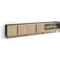 Skraut home Mueble tv efecto madera roble y negro 315x35x61 chimenea efecto fuego