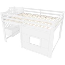 ComfortXL Cama alta infantil 140x200 cm con escalera y LED blanca