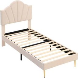 MODFU Cama infantil terciopelo beige 90x200 cm con cabecero regulable