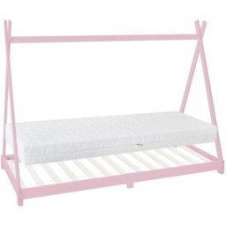 ML-Design Cama infantil tipi 90x200x16cm rosa con colchón y tejado de tienda
