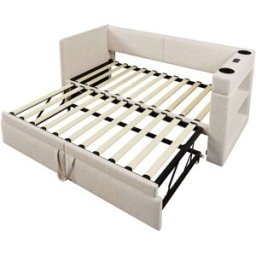 MODFU Cama infantil de algodón y lino beige 90x200 cm con cama nido