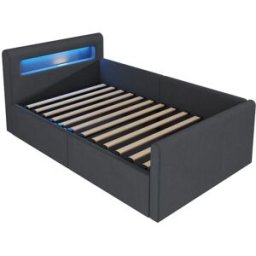 MODFU Cama infantil terciopelo gris oscuro 90x200 cm con almacenaje y led