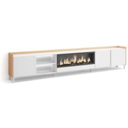 Skraut home Mueble tv efecto madera blanco roble 315x35x61cm chimenea efecto fuego