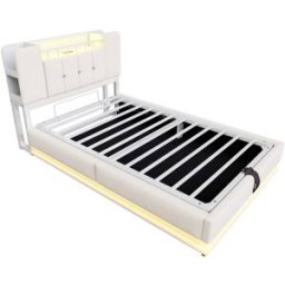 MODFU Cama tapizada infantil 90x200 cm con led, usb y almacenaje, beige