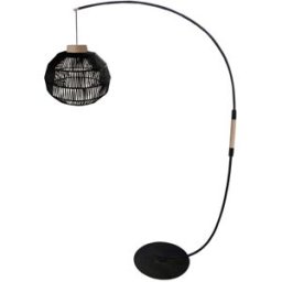 Tosel Lámpara de pie arco metal negro madera natural pantalla hilo negro