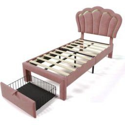 Meubles Cosy Cama infantil concha terciopelo rosa, cajón almacenaje, led, 90x200