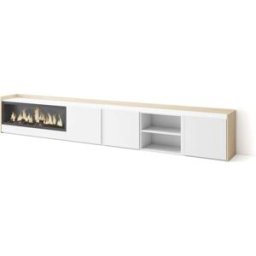 Skraut home Mueble tv efecto madera blanco roble 315x35x50cm chimenea efecto fuego