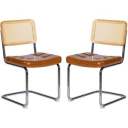Urban Meuble Juego de 2 sillas de comedor vintage de caña y cuero marrón