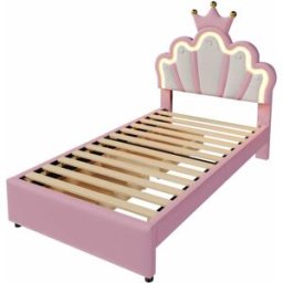 MODFU Cama infantil de cuero rosa 90x200 cm con 2 cajones e iluminación led