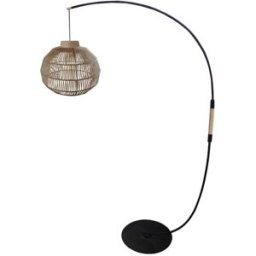 Tosel Lámpara de pie arco metal negro madera natural pantalla hilo natural
