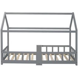 OKWISH Cama infantil gris de madera maciza con pizarra 90x200 cm