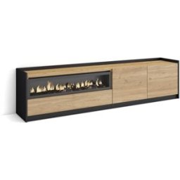 Skraut home Mueble tv efecto madera roble negro 208x37x50cm chimenea efecto fuego