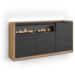 Skraut home Aparador efecto madera negro y roble 156x37x80cm chimenea efecto fuego