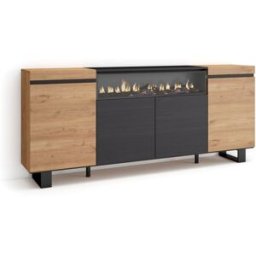 Skraut home Aparador efecto madera roble y negro 200x35x87cm chimenea efecto fuego