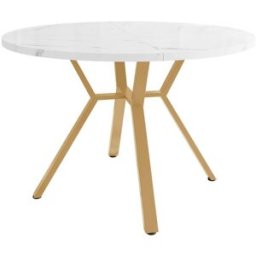 MODFU Mesa redonda mármol 100 cm, base x metal, dorado/blanco