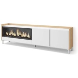 Skraut home Mueble tv efecto madera blanco roble 212x35x61cm chimenea efecto fuego