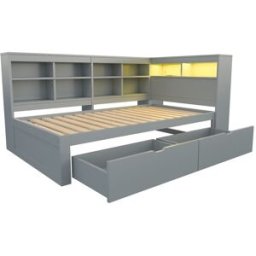 MODFU Cama infantil de madera gris 90x200 cm con almacenaje y luz led