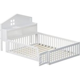 MODFU Cama infantil de madera blanca 140x200 cm con espacio de almacenaje
