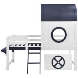 OKWISH Cama infantil blanca y azul oscuro de madera con techo 90x200 cm