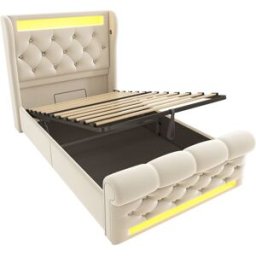 MODFU Cama infantil terciopelo beige 90x200 cm con almacenaje, led y usb