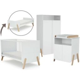 AT4 Set cama bebé, cambiador y armario en madera blanco y haya