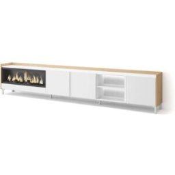 Skraut home Mueble tv efecto madera blanco roble 315x35x61cm chimenea efecto fuego