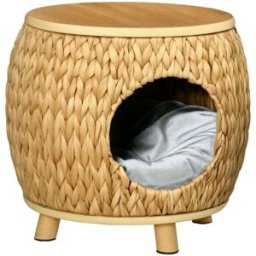 Urban Cocon Casa para gato de jacinto de agua y madera con cojín 44 cm