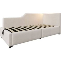MODFU Cama infantil terciopelo beige 90x200 cm con espacio de almacenaje