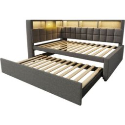 MODFU Cama tapizada 90x200 con cama nido, led, bluetooth, usb, gris