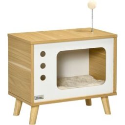 Urban Cocon Caseta para gato diseño tv con cojín y juguete beige y madera 50 cm