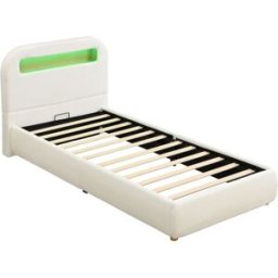 MODFU Cama tapizada infantil con almacenaje led 90x200 blanco bouclé