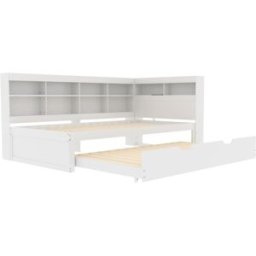 MODFU Cama infantil de madera blanca 90x200 cm con cama nido y usb
