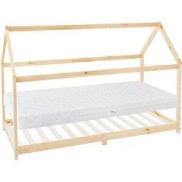 ML-Design Cama infantil 90 x 200 x 16 cm natural con colchón y tejado de casa
