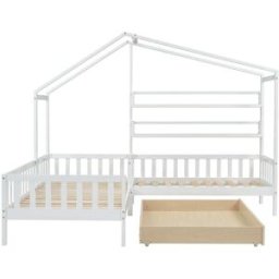 MODFU Cama infantil de madera blanca 90x200 cm y 70x140 cm con cajones
