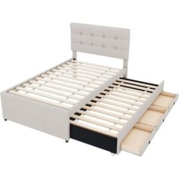 MODFU Cama infantil de lino beige 90x200 cm con cama nido y 3 cajones