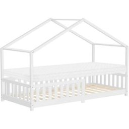 ML-Design Cama infantil casa de madera blanca maciza 90x200cm con colchón 10cm