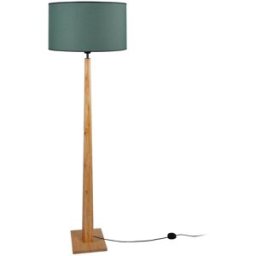 Tosel Lámpara de pie columna madera natural pantalla verde petróle