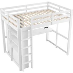ComfortXL Cama alta infantil 140x200 cm con escritorio y LED blanca