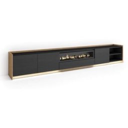 Skraut home Mueble tv efecto madera negro roble 310x37x50cm chimenea efecto fuego