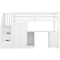 ComfortXL Cama alta infantil 90 x 200 cm con escritorio armario blanca