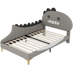 MODFU Cama infantil polipiel gris 90x200 cm forma dinosaurio