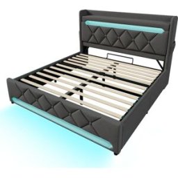 MODFU Cama tapizada 180x200 con led, almacenaje, usb y tipo c