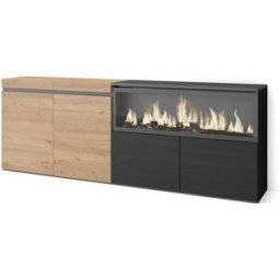 Skraut home Aparador efecto madera roble y negro 208x35x75cm chimenea efecto fuego