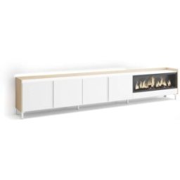Skraut home Mueble tv efecto madera blanco roble 315x35x61cm chimenea efecto fuego