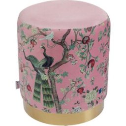 Kare Design Taburete estampado pavo real en terciopelo rosa y oro Ø32c