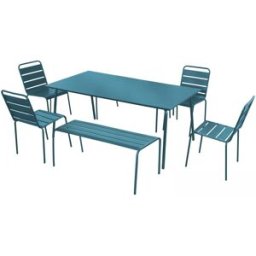 Oviala Conjunto de jardín con 2 bancos y 4 sillas de acero azul pacífico
